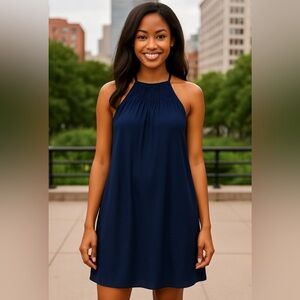 Everly Navy Blue Halter Dress Size‎ Medium – Sleeveless High Neck Smocked Detail